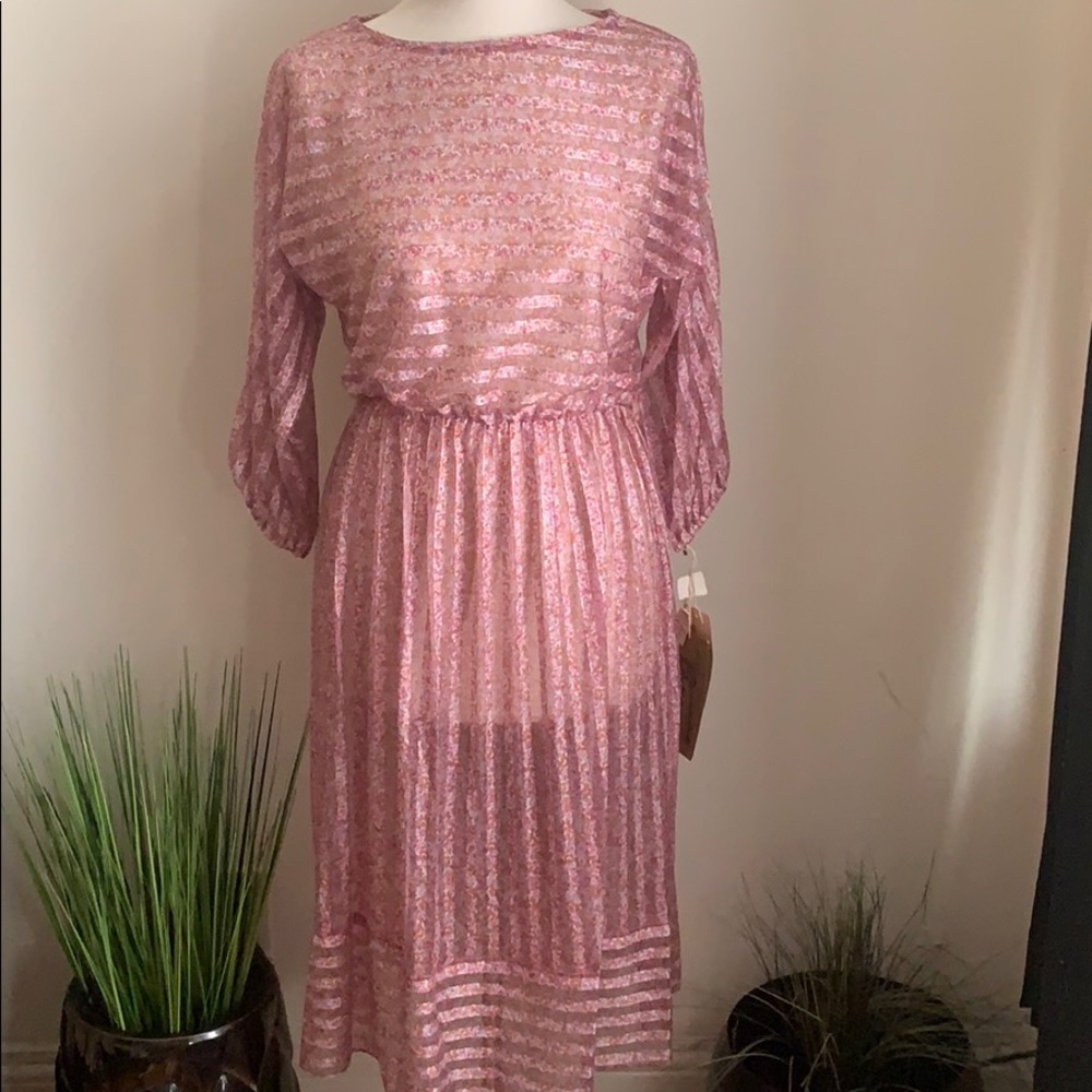 VINTAGE 70sPink Floral Stripe Sheer Dress